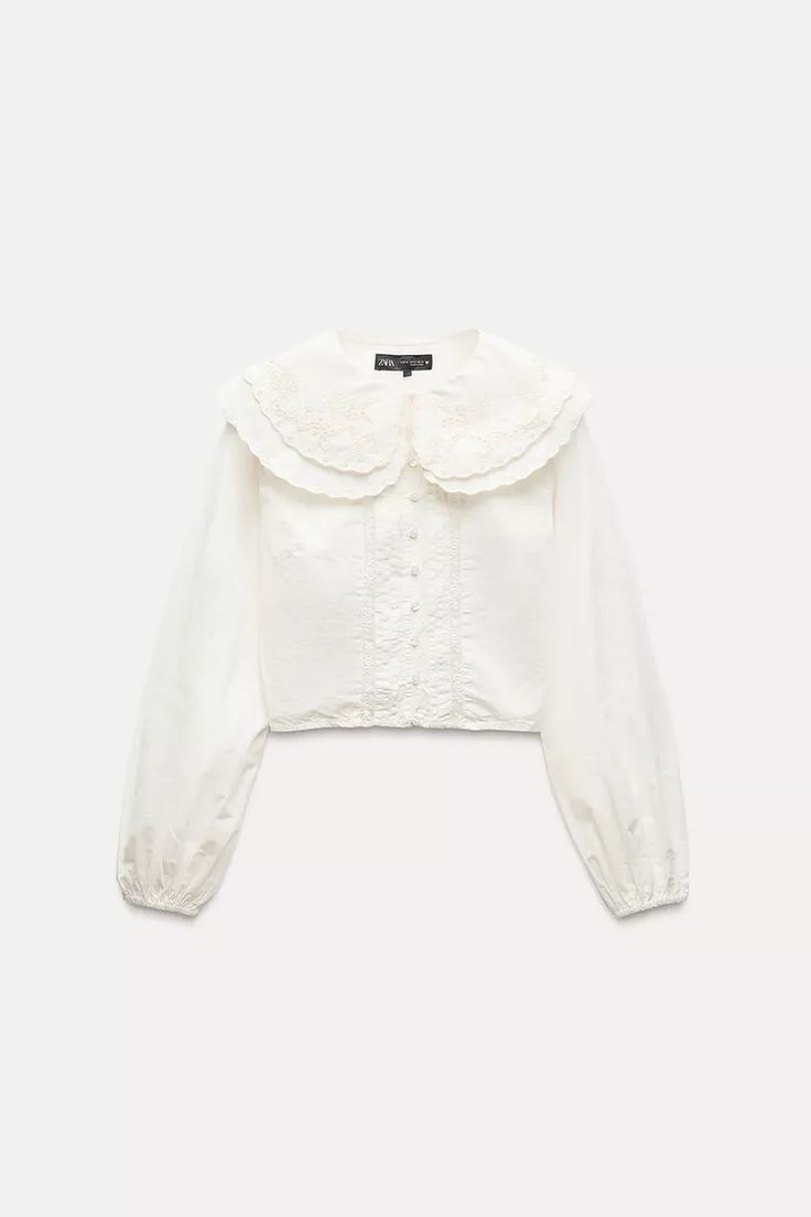 CROP PETER PAN COLLAR SHIRT - Ecru | ZARA United States Cotton Blouse With Embroidered Cuffs For Work, Long Sleeve Tops With Embroidered Cuffs For Work, Fall Cotton Blouse With Embroidered Cuffs, Collared Tops With Embroidered Cuffs For Work, Long Sleeve Cotton Blouse With Embroidered Cuffs, Long Sleeve Shirt With Embroidered Cuffs For Work, Long Sleeve Lace Blouse With Lace Collar, Lace Blouse With Lace Collar And Long Sleeves, Collared Lace Tops For Work