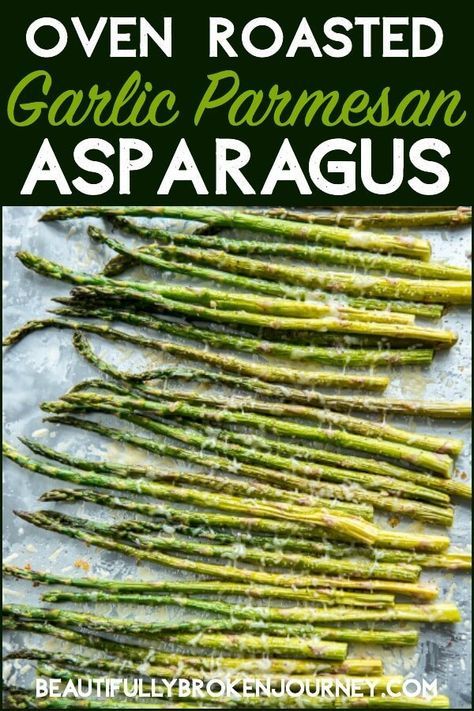 roasted garlic parmesan asparagus on a baking sheet with text overlay