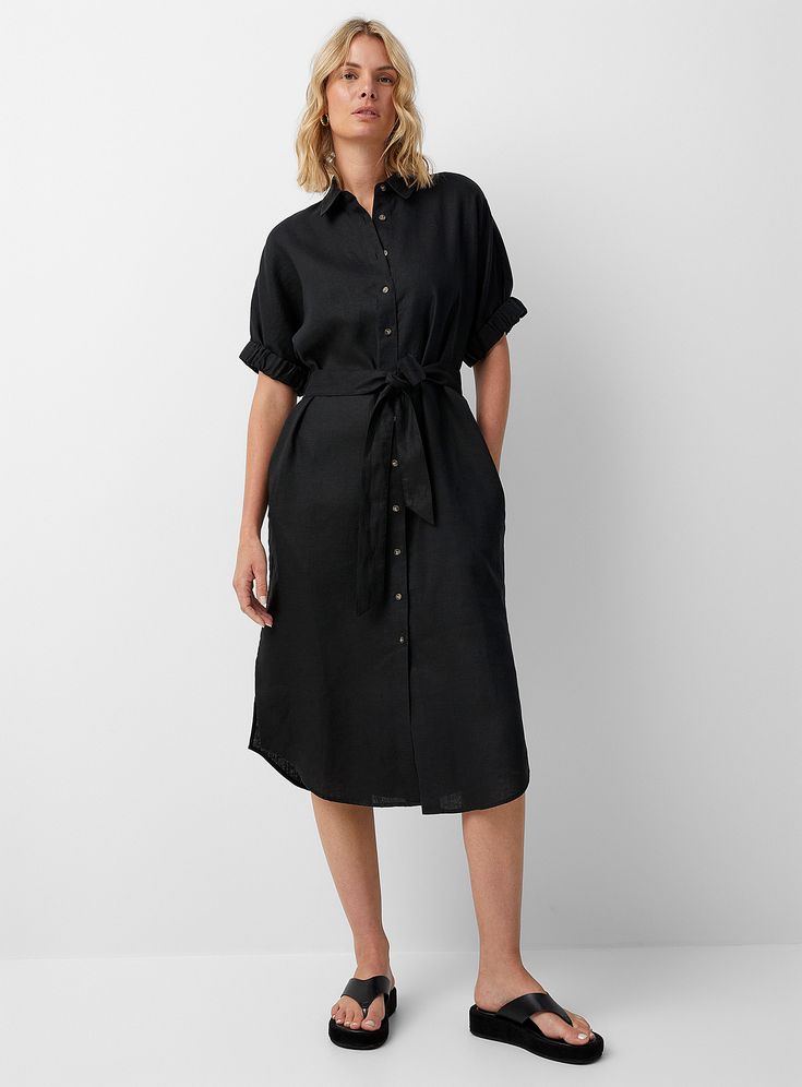 Black Linen Shirt, Trendy Dresses Summer, Linen Shirt Dress, Print Dresses, Organic Linens, Black Linen, Pure Linen, Modern Fashion, Shorts With Pockets