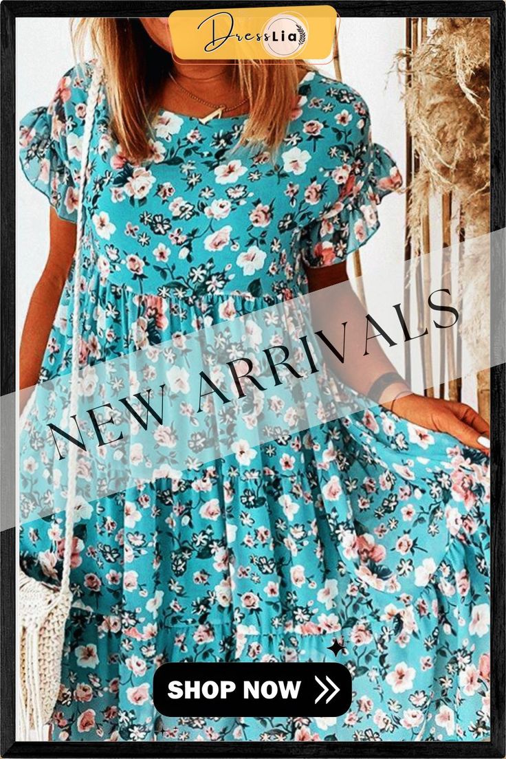 Floral Print Ruffle Sleeve Dress Spring Flowy Ruffle Hem Dress, Spring Flowy Dress With Ruffle Hem, Spring Dresses With Ruffle Hem And Flowy Fit, Chic Flowy Floral Dress With Ruffles, Spring Mini Ruffle Dress With Layered Hem, Flowy Ruffled Skirt Mini Dress For Vacation, Blue Flowy Tiered Dress With Ruffles, Bohemian Tiered Ruffle Dress For Brunch, Summer V-neck Dress With Layered Hem