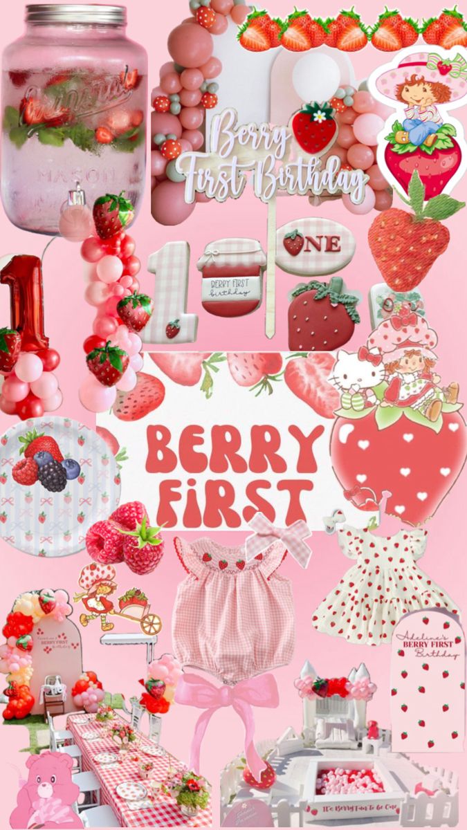 a collage of strawberry themed items on a pink background with the words berry first