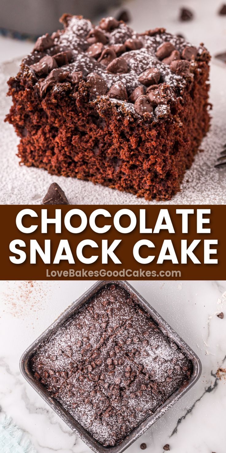 Chocolate Snack Cake pin collage 8x8 Snack Cakes, Easy Chocolate Snack Cake, Snack Cakes Recipes, Snack Cake Recipes 8x8, 8x8 Desserts, 8x8 Cake Recipe, 8x8 Cake, Square Chocolate Cake, Small Chocolate Cake