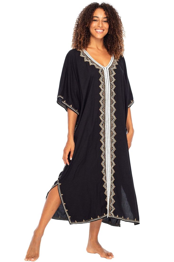 Add a tribal twist to your beach time in this black and gold summer maxi swimwear cover up. Zigzag embroidery adds a spicy accent to this long beach caftan, with a casual vacation vibe and a loose flowy fit that works beautifully on plus sizes. It offers great sun coverage, and is so easy to wear for cruises, lounging, vacation or relaxing days at the beach. Back From Bali is dedicated to creating beautiful, quality clothing with a heart. All of our items are crafted, sewn and painted by hand in Embroidered Kaftan For Beach Cover-up, Embroidered Beachwear Maxi Dress For Summer, Summer Embroidered Beachwear Maxi Dress, Summer Beachwear Embroidered Maxi Dress, Embroidered Long Maxi Dress For Vacation, Oversized Maxi Cover-up For Beach Season, Embroidered Beachwear Maxi Dress As Beach Cover-up, Embroidered Beachwear Maxi Dress, Embroidered Long Maxi Dress As Beach Cover-up