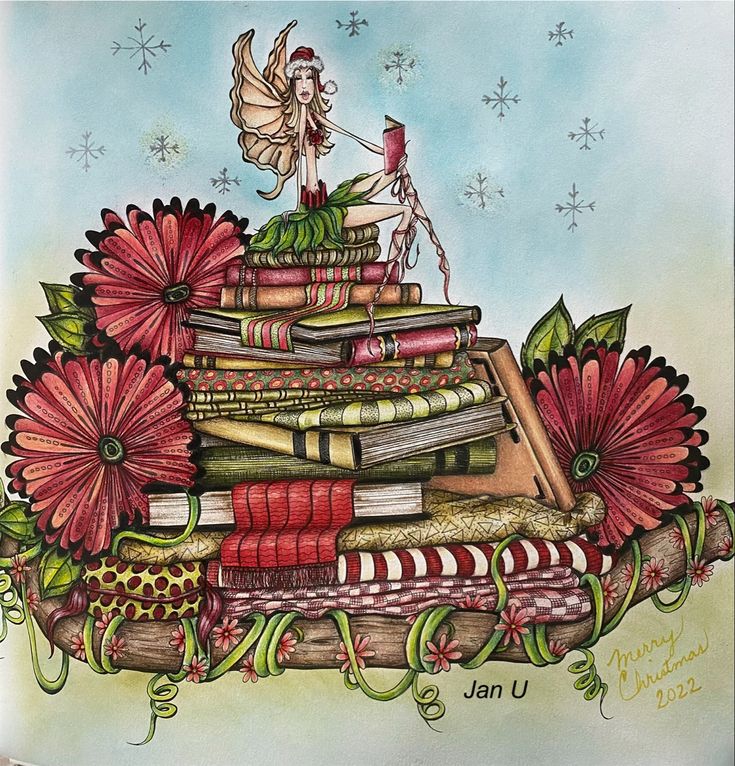 a drawing of a fairy sitting on top of a stack of books with flowers around it