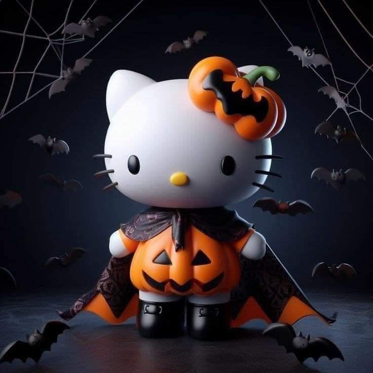 a hello kitty figurine is dressed up as a pumpkin and bat for halloween