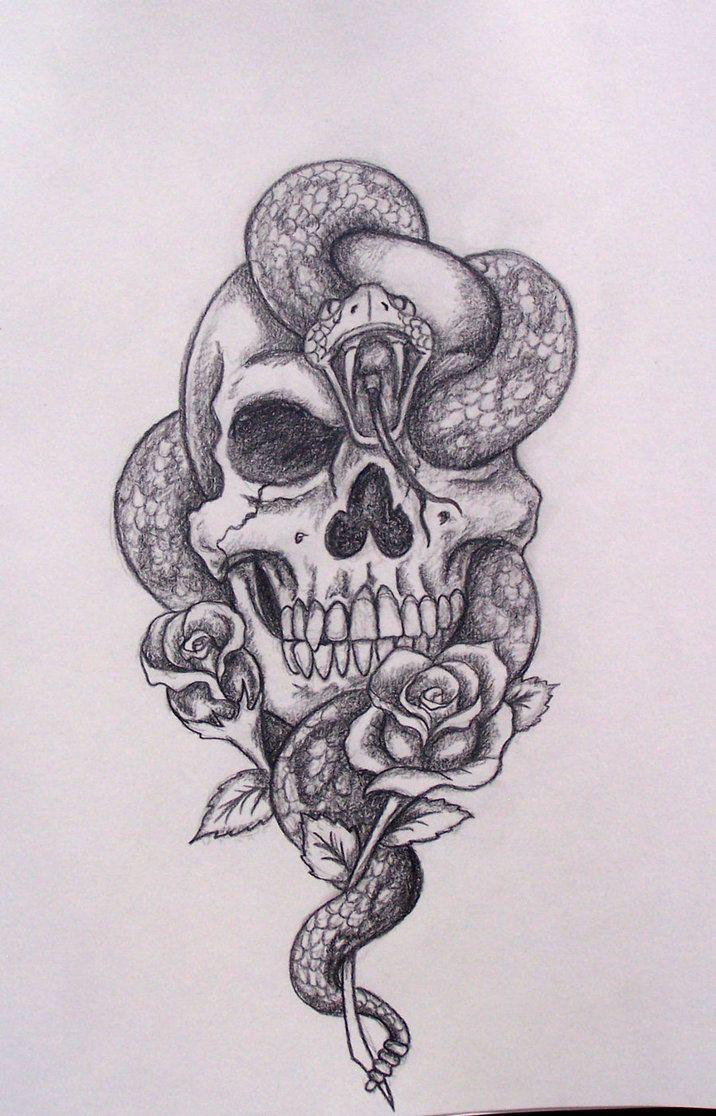 a drawing of a skull with roses and snake on it's head in black ink