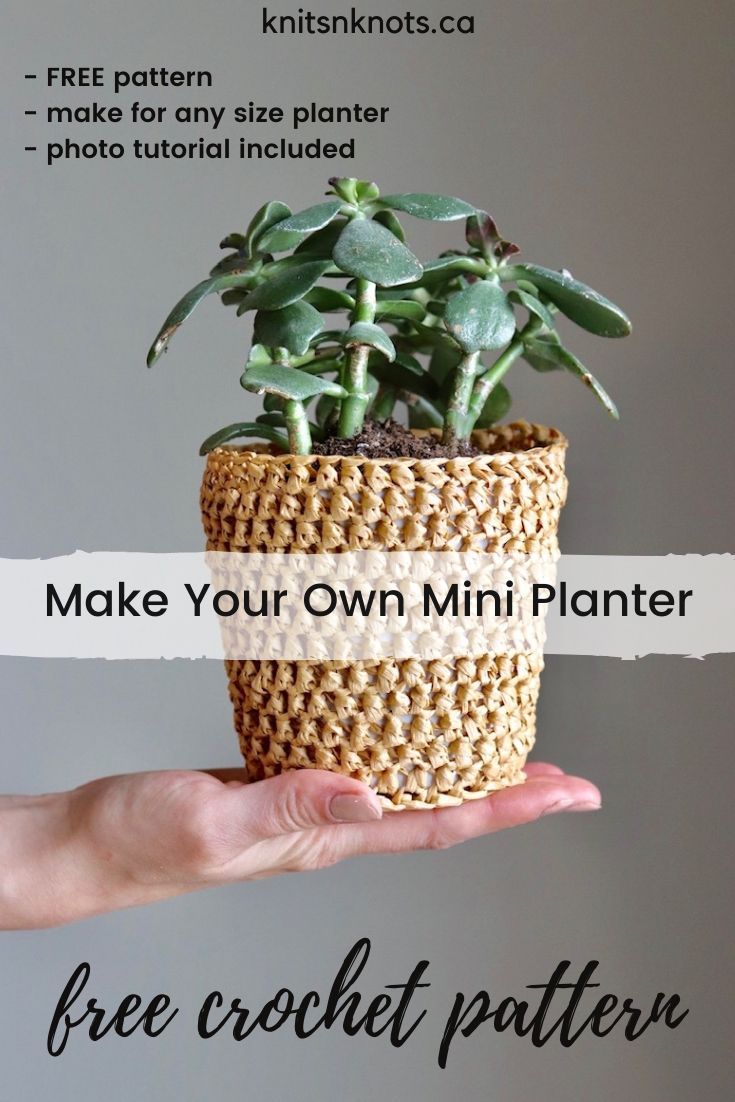 a hand holding a plant in a woven basket with the text make your own mini planter free crochet pattern