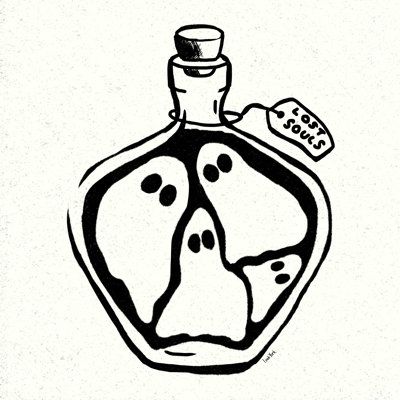 an ink drawing of a bottle with a ghost face on the top and a tag attached to it