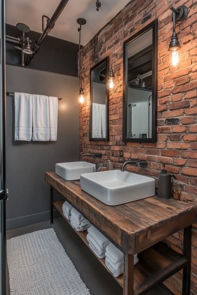 a bathroom with two sinks and brick walls