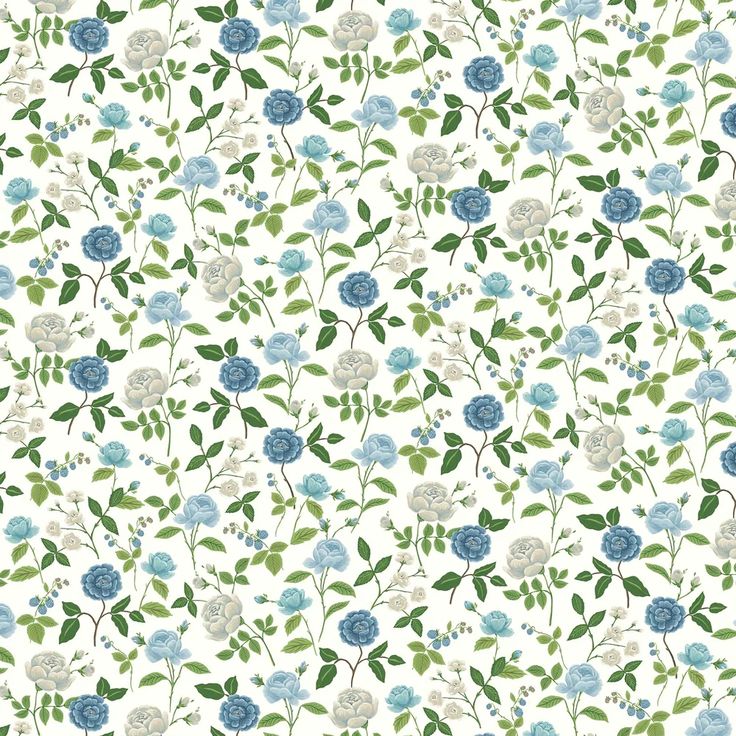 blue flowers and green leaves are on a white wallpaper with an off - white background