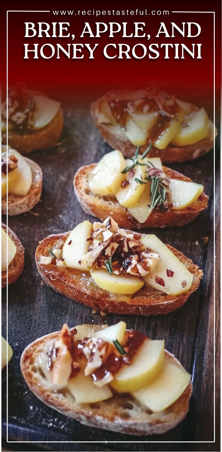 an advertisement for brie, apple and honey crostini on toasted bread