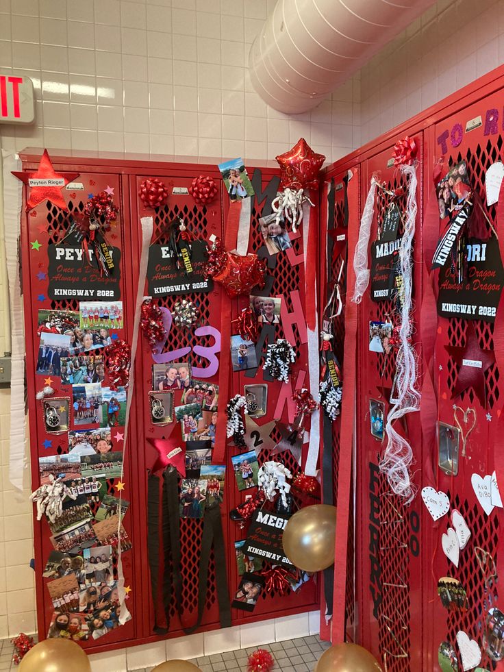 the lockers are decorated with red ribbons and balloons for valentine's day celebrations