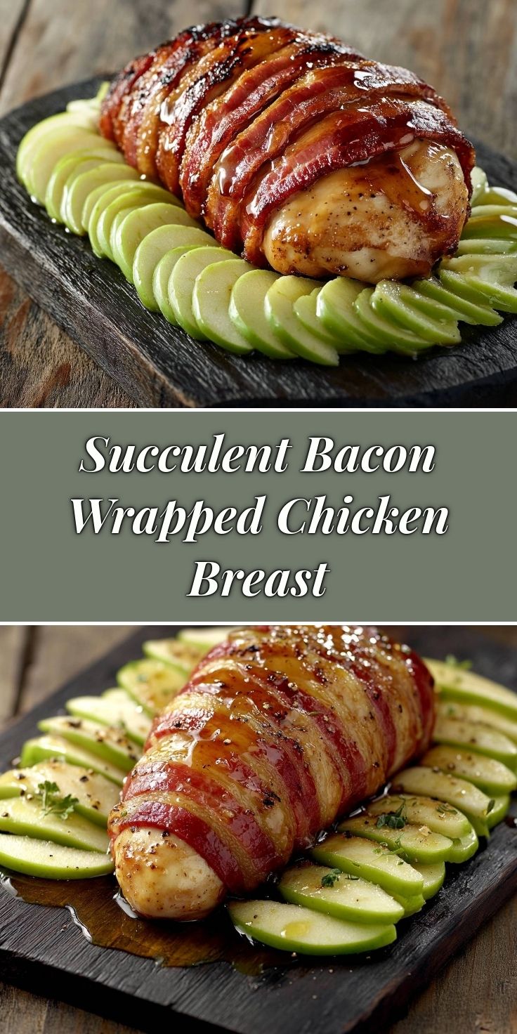 Dive into this mouthwatering recipe for Succulent Bacon Wrapped Chicken Breast! Juicy chicken breasts wrapped in crispy bacon, seasoned to perfection, and baked until golden brown. This dish is bursting with flavor and pairs beautifully with fresh green apple slices for a delightful contrast. Perfect for dinner parties or a cozy night in! Chicken Wrapped In Bacon Recipe, Baked Chicken With Bacon, Apple Slice Recipe, Bacon Wrapped Chicken Breast, Homemade Banana Pudding Recipe, Grilled Halibut, Homemade Banana Pudding, Wrapped Chicken, Tuna Salad Recipe