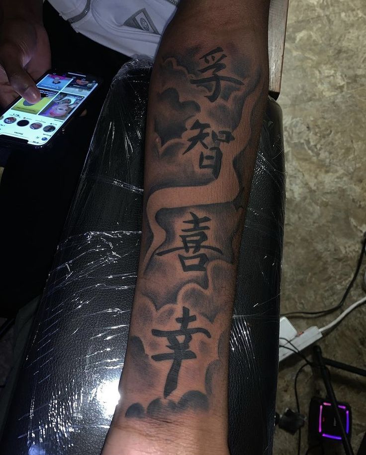 a man's arm with chinese writing on it