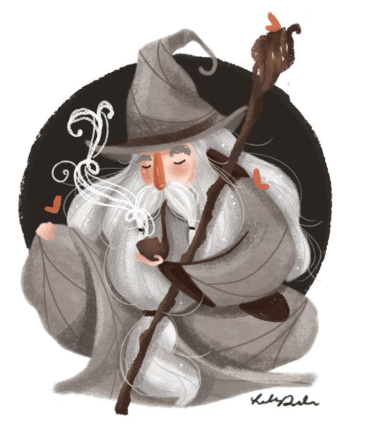 a drawing of an old wizard holding a broom