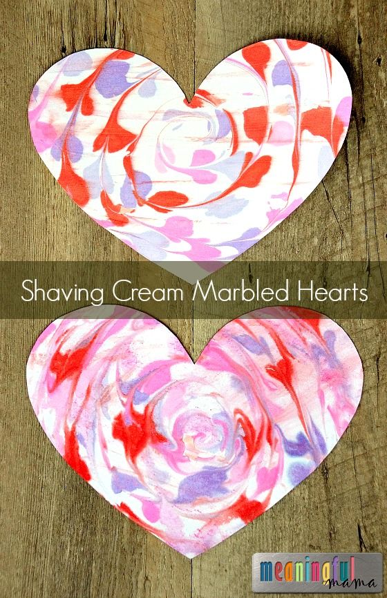 two heart shaped paper plates with the words shaving cream marbled hearts