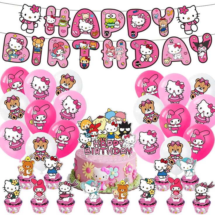 hello kitty birthday party supplies including cake, balloons and cupcakes with the name happy birthday written on it