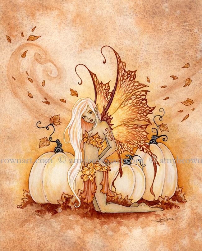 a painting of a fairy with pumpkins and leaves on her body, standing in front of an orange background