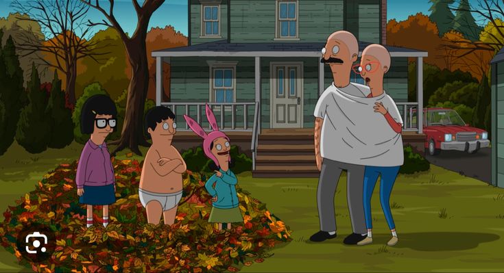 an animated family standing in front of a house