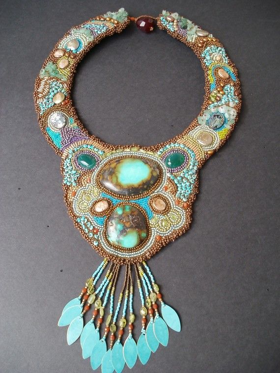 Hand embroidered Turquoise gem and bead necklace on Etsy, $5,600.00 absolutely love this!!! Noodle Necklace, Turquoise Gem, Beadwork Embroidery, Embroidered Necklace, Red Jersey, Tie Necklace, Bead Embroidery Jewelry, Gem Necklace, Ostrich Leather