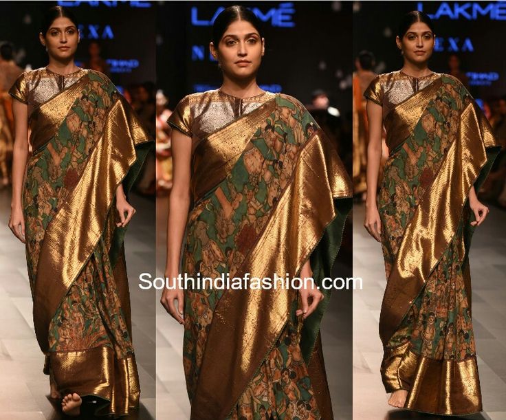 Kalamkari with kanchi border Kalamkari Saree With Kanchi Border, Collar Neck Blouse, Saree With Border, Kantha Sarees, Kalamkari Saree, Saree Design, Naming Ceremony, Pattu Saree, Contrast Blouse