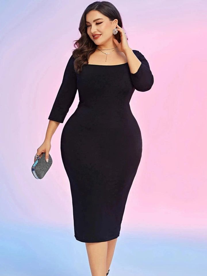 Black Bodycon Dress With Square Neck, Elegant Stretch Bodycon Dress With Square Neck, Elegant 3/4 Sleeve Bodycon Dress For Evening, Elegant Bodycon Dress With Square Neck, Elegant 3/4 Sleeve Bodycon Evening Dress, Elegant Evening Bodycon Dress With 3/4 Sleeves, Elegant Bodycon Dress With 3/4 Sleeves For Party, Elegant Half-sleeve Dress For Night Out, Elegant Half Sleeve Dress For Night Out