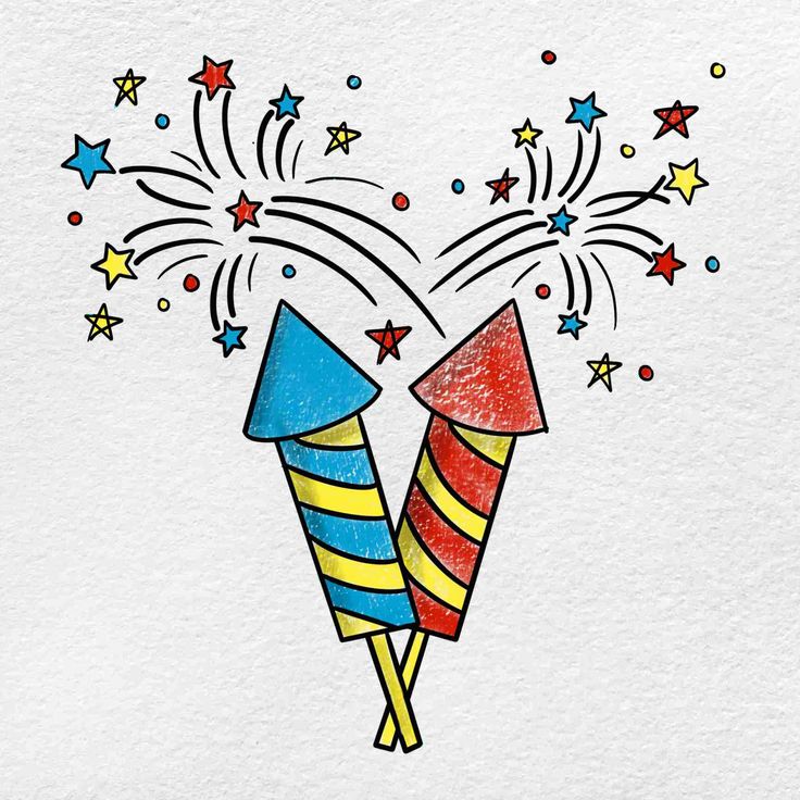 a drawing of two colorful fireworks with stars in the background