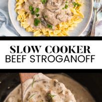 two pictures with different types of food in them and the words slow cooker beef stroganooff