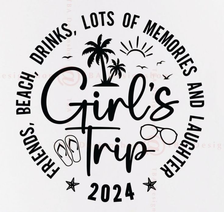 a white sticker with the words girls trip and palm trees in black on it