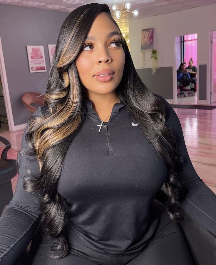 Side Part Sew In With Highlights, Side Part Sew In, Style Lace Front Wig, Glam Hairstyles, Amazon Hair, Black Wigs, Short Ombre Hair, Wavy Wigs, Quick Weave Hairstyles