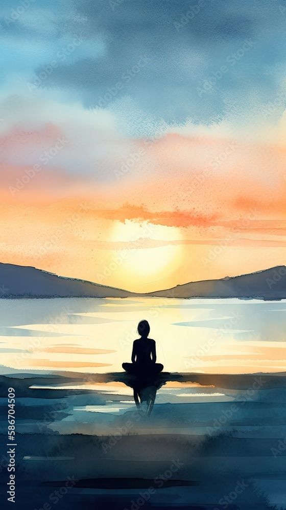 Meditating Person Silhouette on Serene Beach at Dawn - Ideal Watercolor Painting for Art Prints - Generative AI Dawn Watercolor Painting, Watercolor Art Silhouette, Easy Beach Watercolor Paintings, Meditation Painting Ideas, Silhouette Watercolor Painting, Spiritual Watercolor, Boats Watercolor, Watercolor Meditation, Peaceful Watercolor