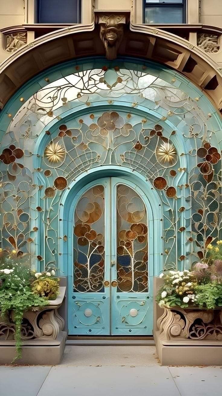 an ornate blue door with flower pots in front