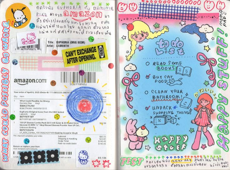 an open notebook with various stickers and writing on the pages, including hello kitty