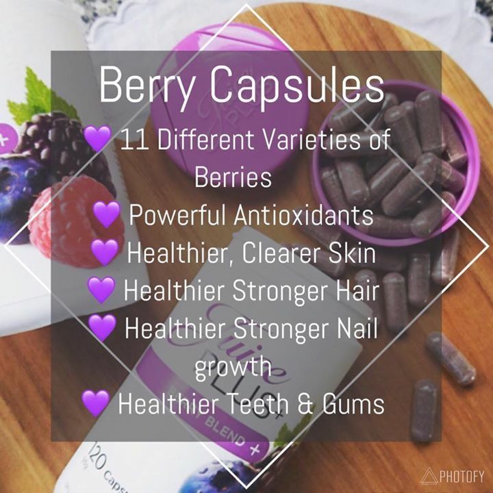 berry capsules and berries on a table with the words berry capsules written below them