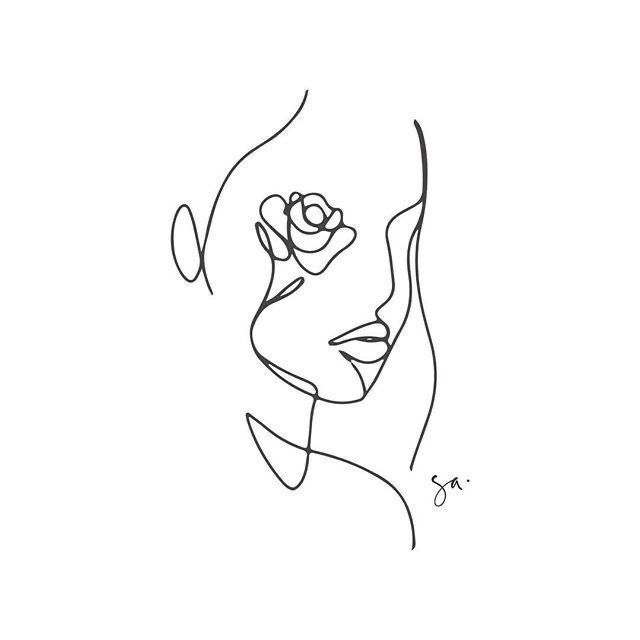 a line drawing of a woman's face with a rose in her left hand