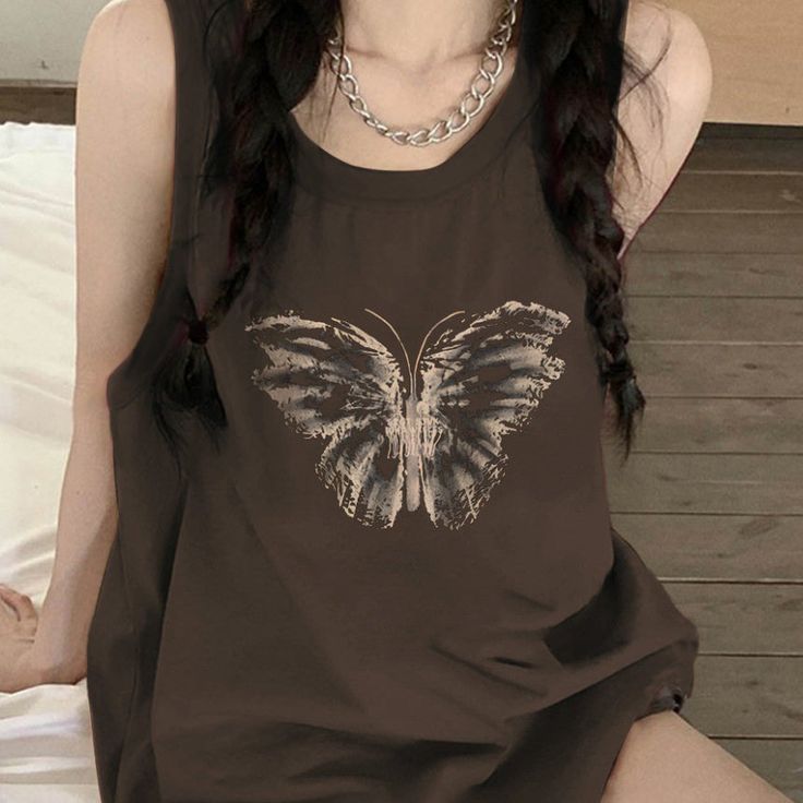 Aesthetic Butterfly Print Top in brown - boogzel clothing Casual Butterfly Print Tops For Streetwear, Cotton Top With Butterfly Print For Streetwear, Casual Sleeveless Printed T-shirt, Trendy Cotton Tops With Butterfly Print, Trendy Tops With Butterfly Print And Relaxed Fit, Trendy Butterfly Top For Spring, Trendy Relaxed Fit Top With Butterfly Print, Trendy Butterfly Shaped Tops For Spring, Trendy Butterfly-shaped Tops For Spring