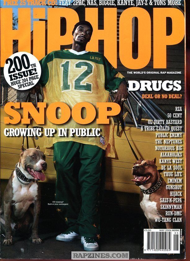 a man standing next to two dogs on a cover of hiphop magazine with the caption snoop dogg