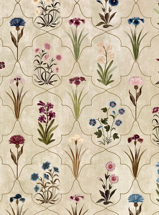 an old wallpaper with various flowers and leaves on the back ground, all in different colors