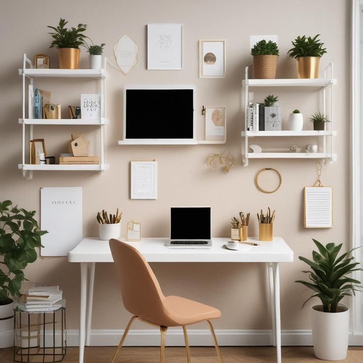 a white desk topped with a laptop computer sitting on top of a wooden floor next to a potted plant