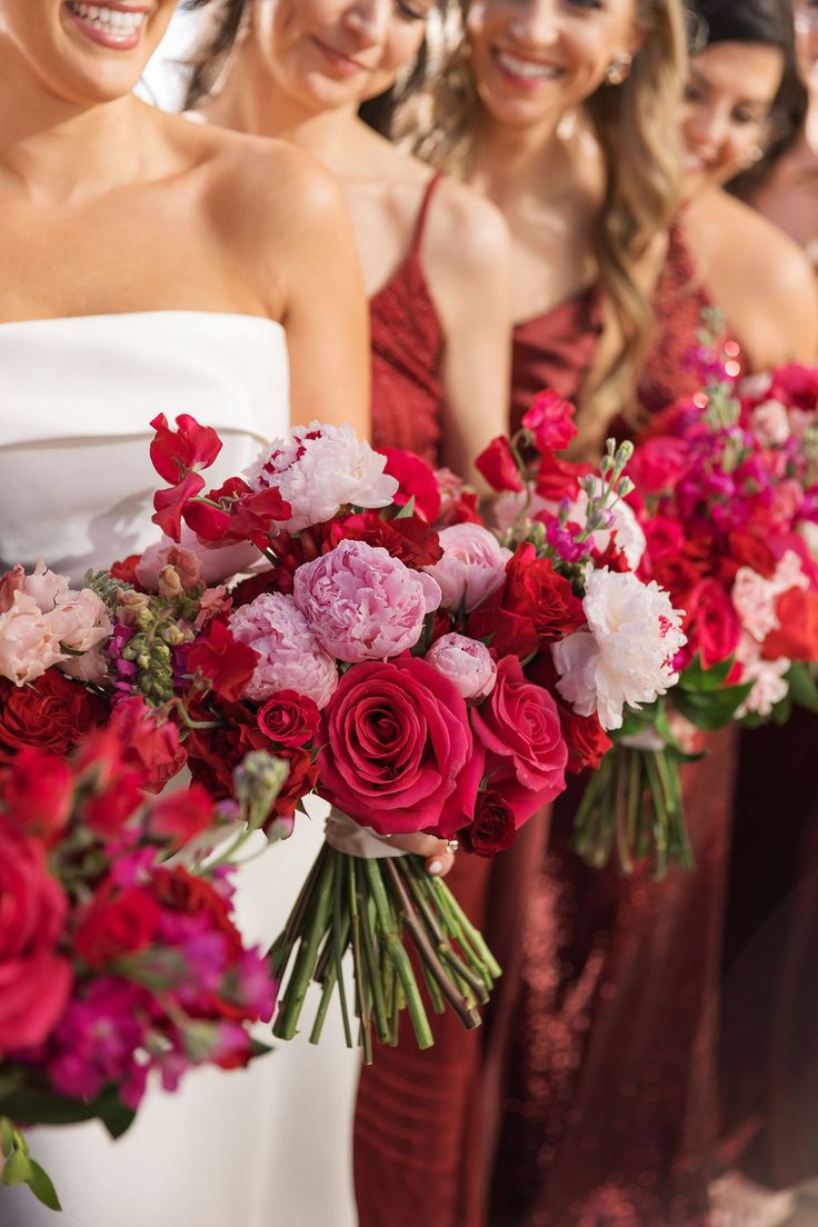 Fuchsia, red and blush bouquet Pink Purple And Red Wedding, Dark Pink Fall Wedding, Berry Color Palette Wedding, Pink And Red Bouquet Wedding, Dark Red And Pink Wedding, Wedding Red And Pink, Fall Pink Wedding Color Schemes, Raspberry Wedding Color Scheme, Red And Pink Bridesmaid Dresses