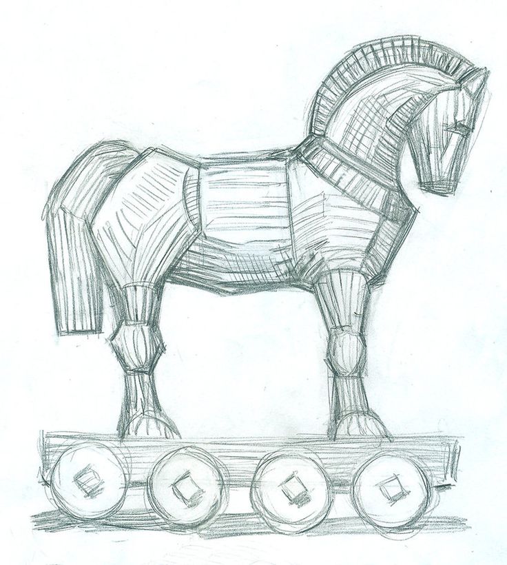 a pencil drawing of a horse on top of a piece of wood with wheels around it