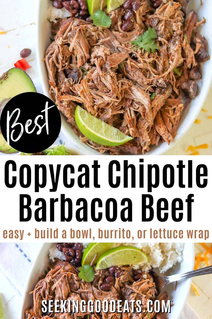 Shredded chipotle beef in a white oval serving dish with rice, beans, and lime wedges Mucho Burrito Copycat, Chipotles In Adobo Sauce Recipes, Chipotle Meat, Homemade Barbacoa, Copycat Chipotle Barbacoa, Chipotle Barbacoa Recipe, Chipotle Barbacoa, Chipotle In Adobo, Barbacoa Tacos