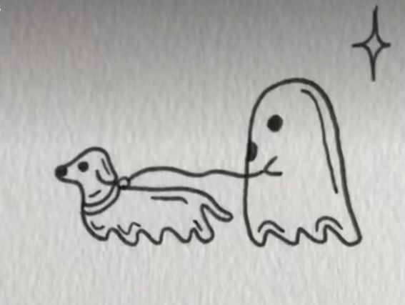 a drawing of a dog being pulled by a person