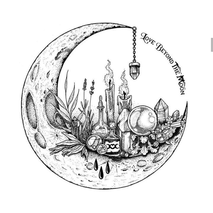 a drawing of the moon with candles, flowers and other things on it's surface