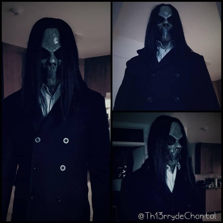 four pictures of a man with long hair and makeup in the dark, wearing a black coat