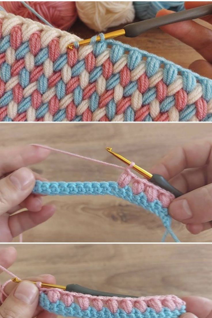 two pictures showing how to crochet the stitches on an object with yarn and scissors