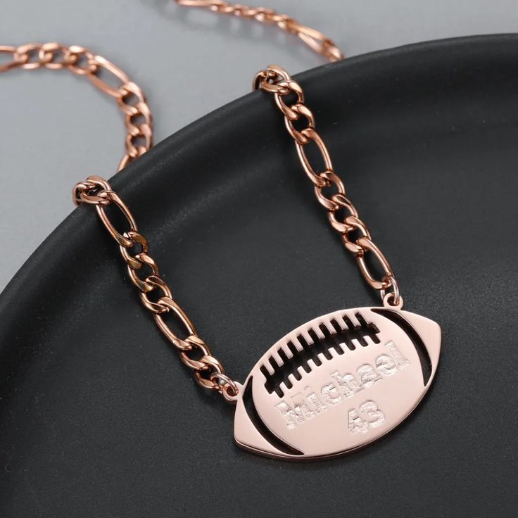 Rose Gold Name Necklace Custom Sport Name Necklace Personalized Custom American Football Name Necklace For Sport Lovers Name Necklace For American Football Lovers Customizable Team Spirit Jewelry For Game Day, Customizable Team Spirit Sports Jewelry, Football Numbers, Football Necklace, Football Coach Gifts, Football Names, Stamped Necklaces, Number Necklace, Bf Gifts