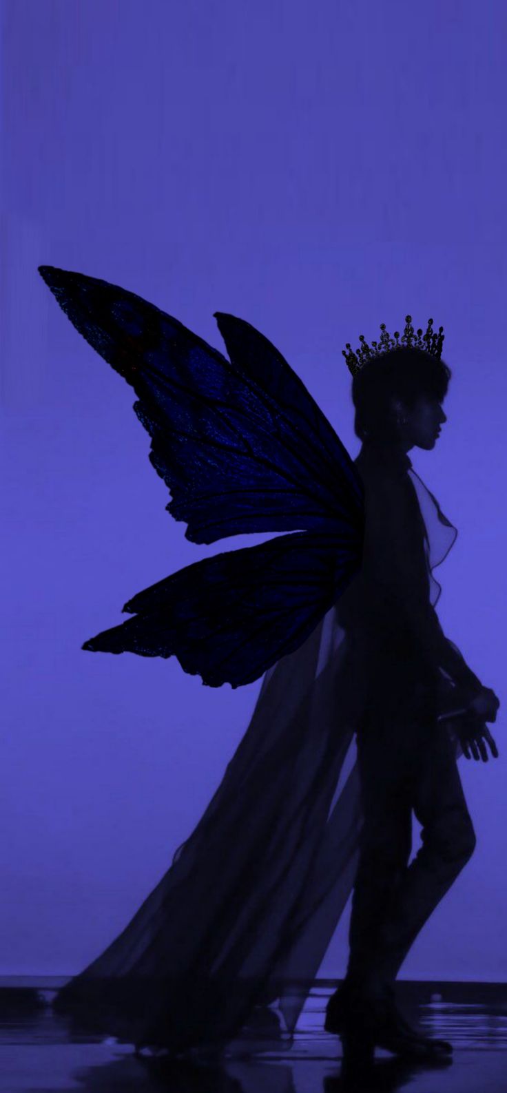 a fairy with wings and a tiara walking in the dark