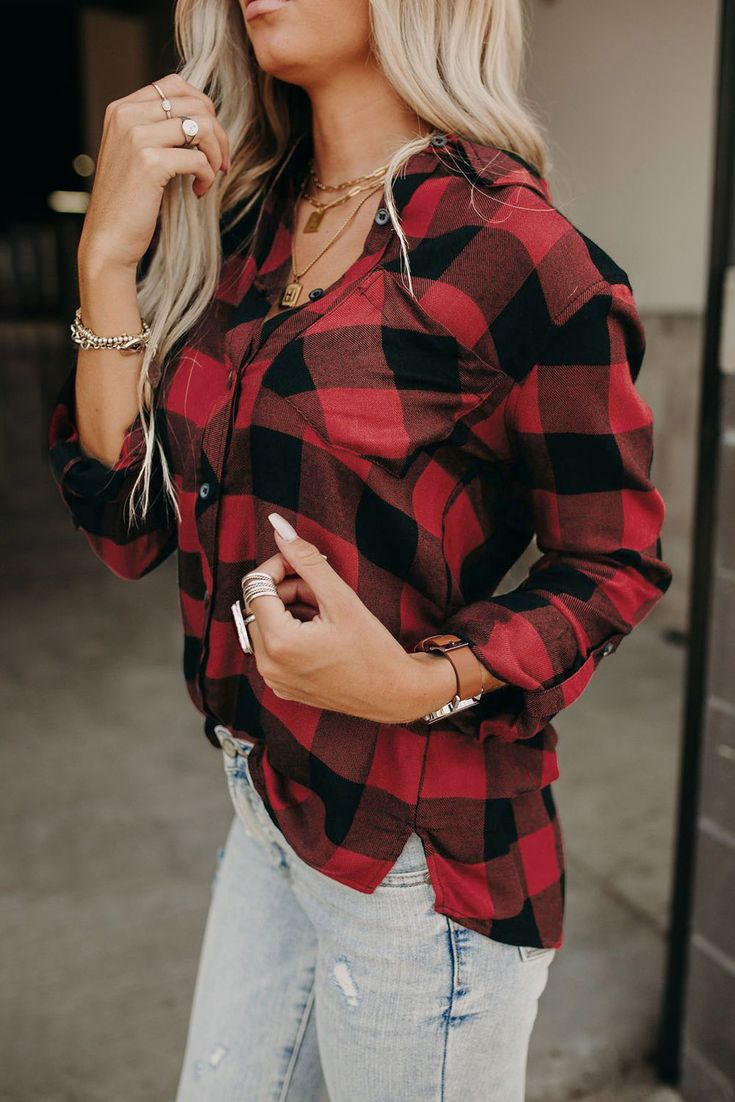 Red Buffalo Plaid Button Pocket Blouse Red V-neck Shirt For Fall, Fall V-neck Shirt With Buttons, Red Shirt For Workwear In Fall, Fall Button-up Blouse With Buttons, Red Shirt With Button Cuffs For Fall, Red Shirt With Snap Buttons For Fall, Red Fall Shirt With Snap Buttons, Red Button-up Blouse With Button Cuffs, Red Collared Top With Button Cuffs