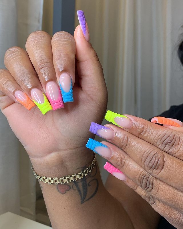 Colorful Frenchies Nails, French Tips With Neon Colors, Colorful French Tip Nails Square Long, Neon Orange Acrylic Nails French Tips, Pink Nail Orange French Tip, Different Color French Tips, Summer Bright Nails, Tiffany Blue Nails, Orange Acrylic Nails